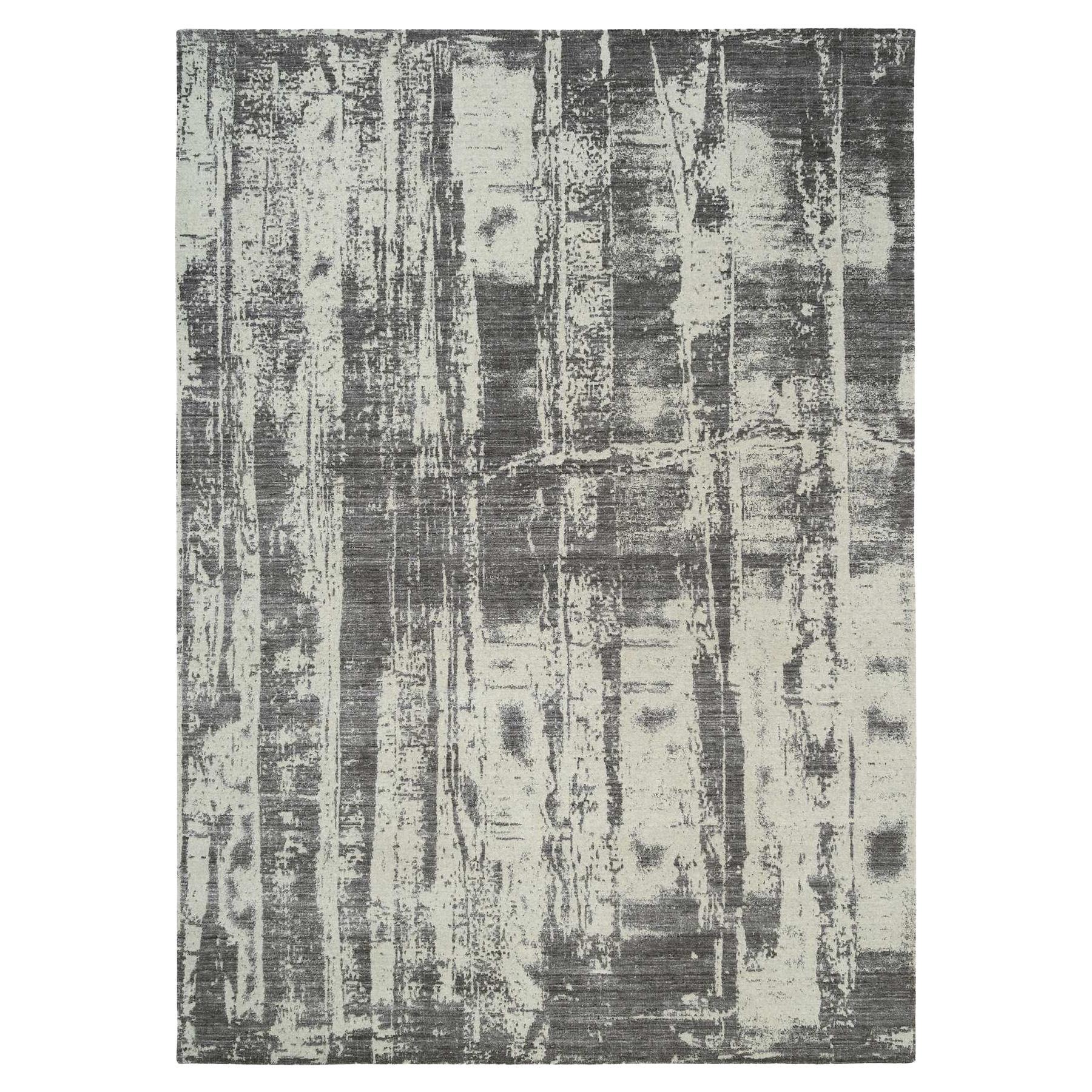 9'x12' Schwarzer handgewebter moderner Design-Teppich aus Wolle und reiner Seide in Anthrazit
