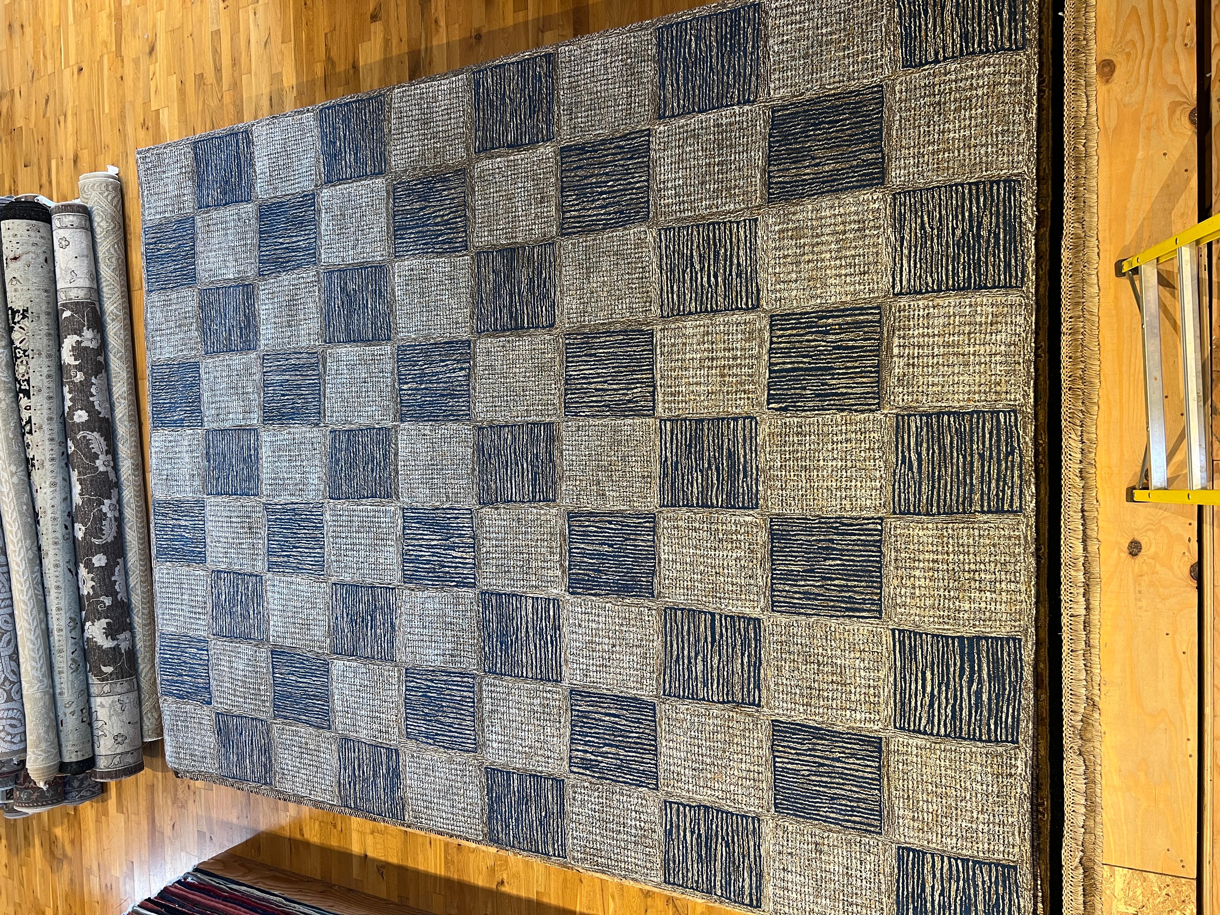 Hand-Knotted 9'x12' Checkered Box Design with Blues and Greys Rug  For Sale