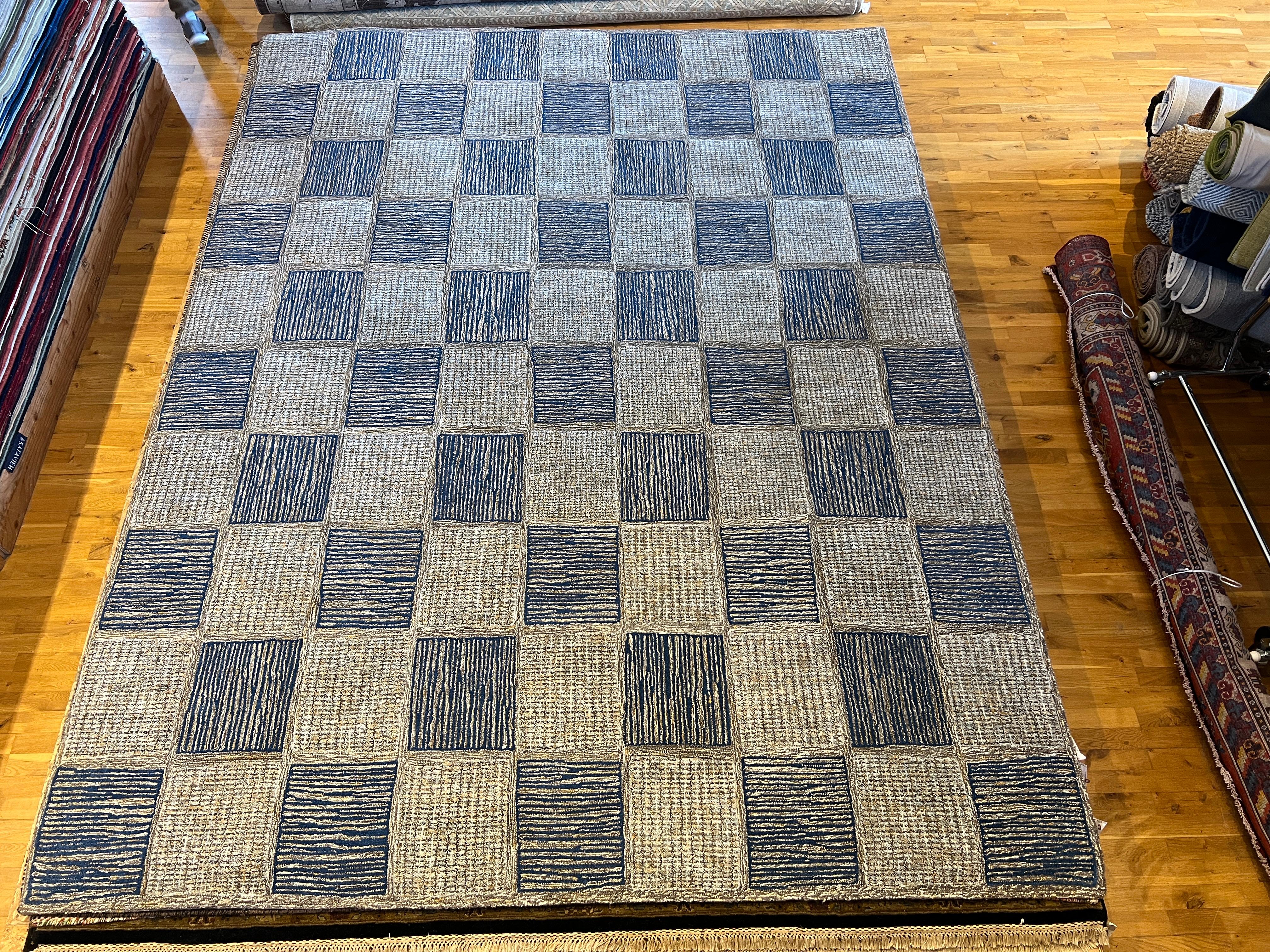9'x12' Checkered Box Design with Blues and Greys Rug  In New Condition For Sale In Los Angeles, CA