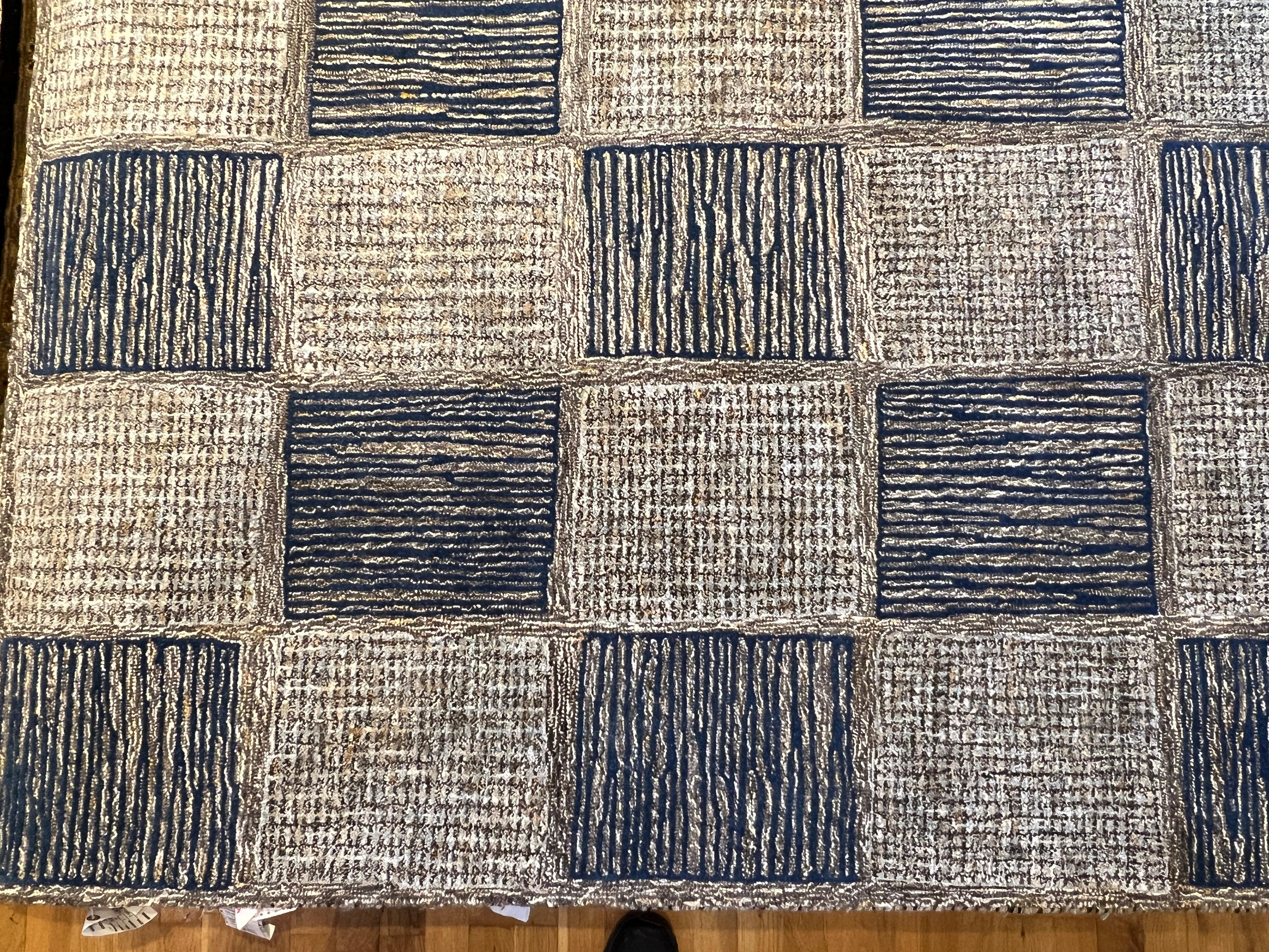 Wool 9'x12' Checkered Box Design with Blues and Greys Rug  For Sale
