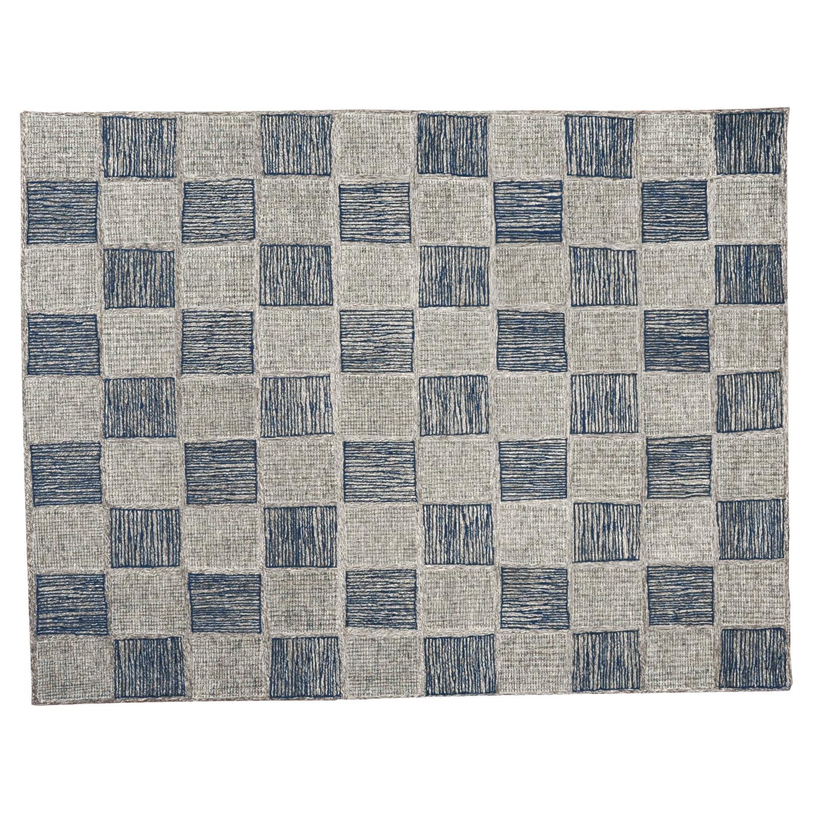 9'x12' Checkered Box Design with Blues and Greys Rug  For Sale