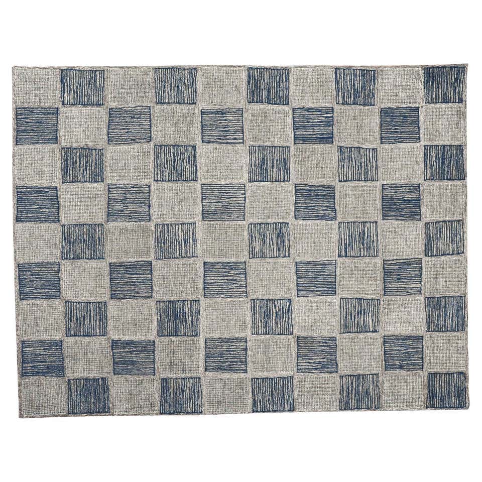 Tone on Tone Checkered Rug with Navy Border For Sale at 1stDibs | ton ...