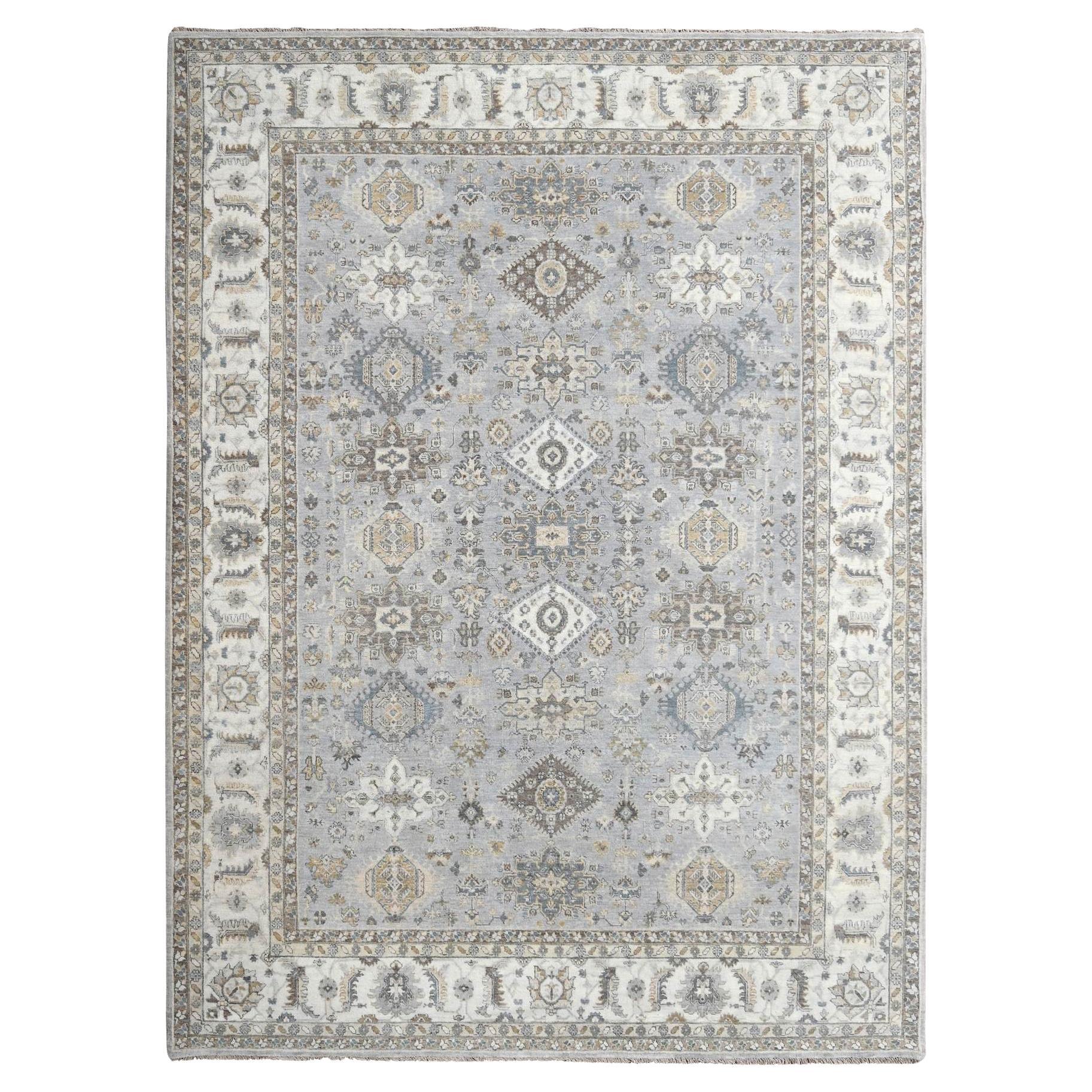 9'x12' Chromgrauer Teppich, Bio-Wolle, Karajeh-Design, handgeknüpft, Teppich
