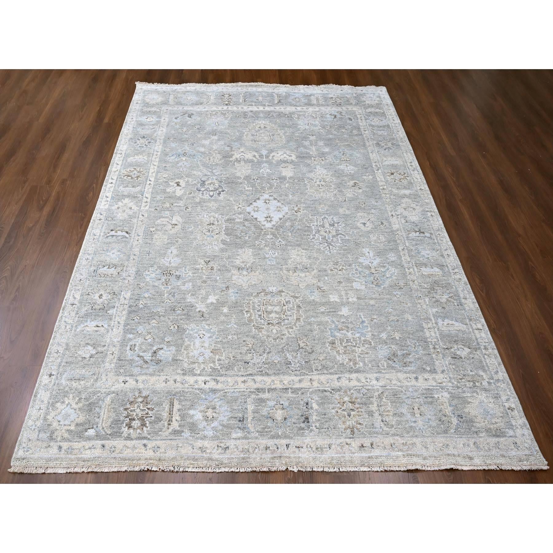 Cloud Gray, Supple Collection, Oushak All Over Design, Soft Velvety Wool, Hand Knotted, Vegetable Dyes, Oriental Rug
Primary materials: Wool
Latex: No Pile 
height: 0.25 Inches
Style: Transitional
Primary color: Grey
Secondary colors: Ivory, Light