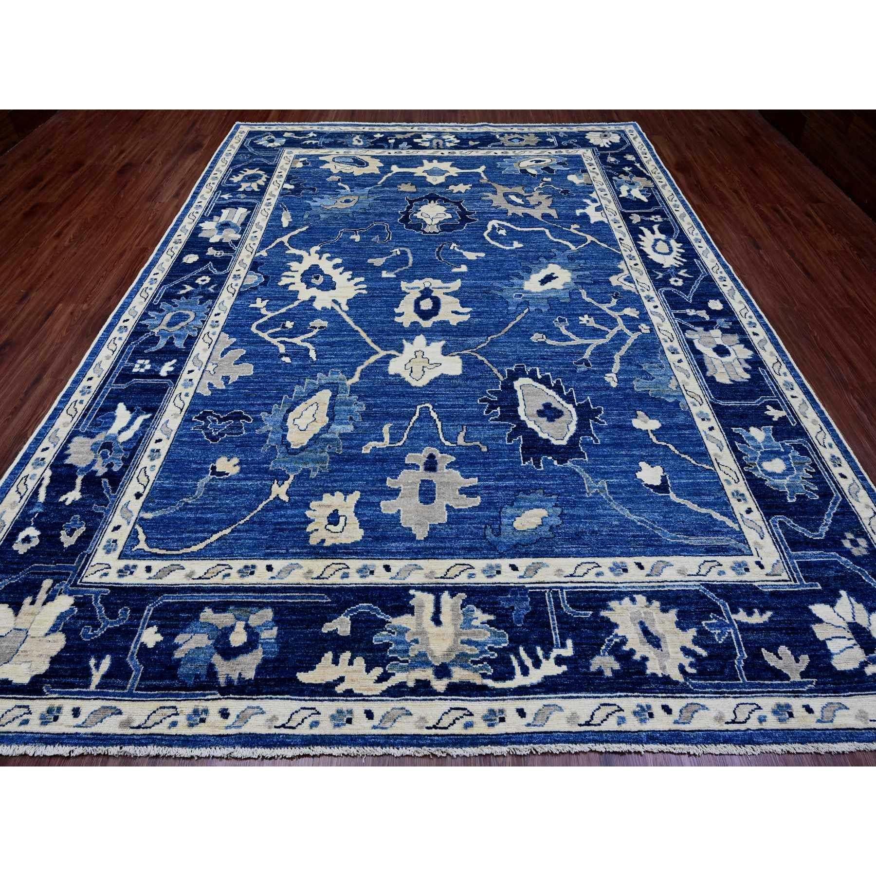 Cobalt Blue, 100% Wool, Hand Knotted, Afghan Angora Oushak with All Over Leaf Design, Veggie Dyes, Oriental Rug
Primary materials: Wool
Latex: No Pile 
height: 0.25 Inches
Style: Transitional
Primary color: Blue
Secondary colors: Ivory
Pattern: