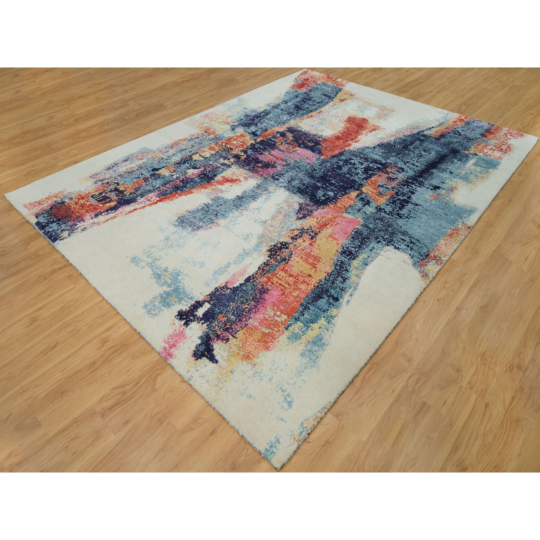 Moderne 9'x12' Colorful Painter's Palette Abstract Motif Laine et soie Tapis noué à la main en vente
