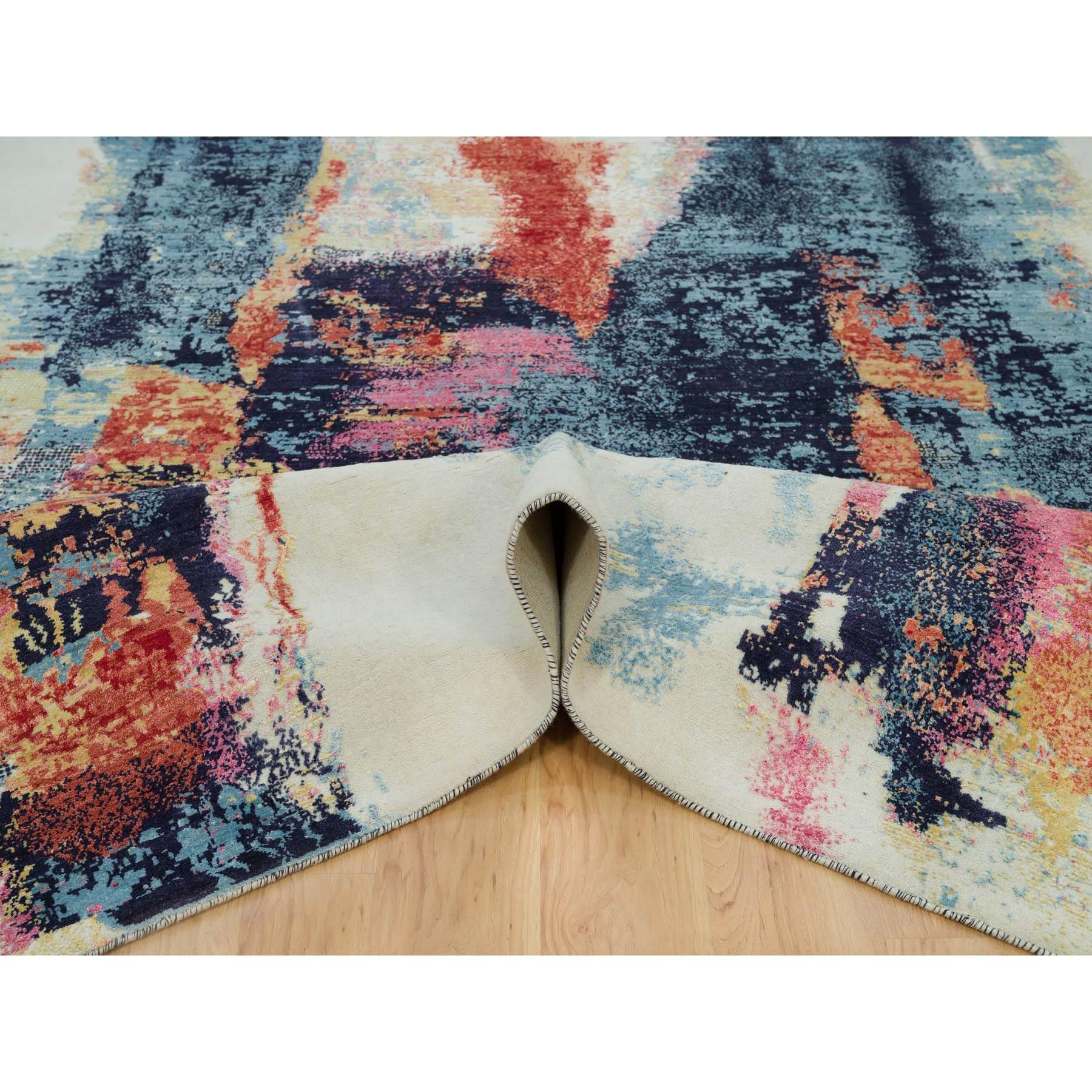 Noué à la main 9'x12' Colorful Painter's Palette Abstract Motif Laine et soie Tapis noué à la main en vente