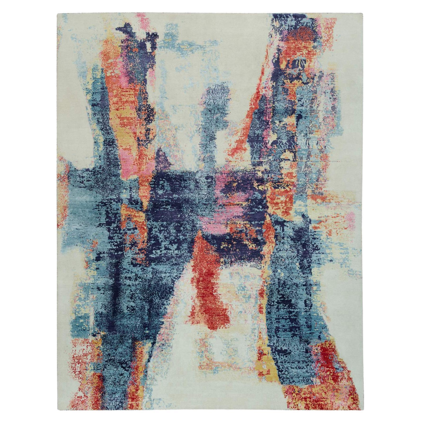 Tappeto 9'x12' Colorful Painter's Palette Abstract Motif in lana e seta annodato a mano