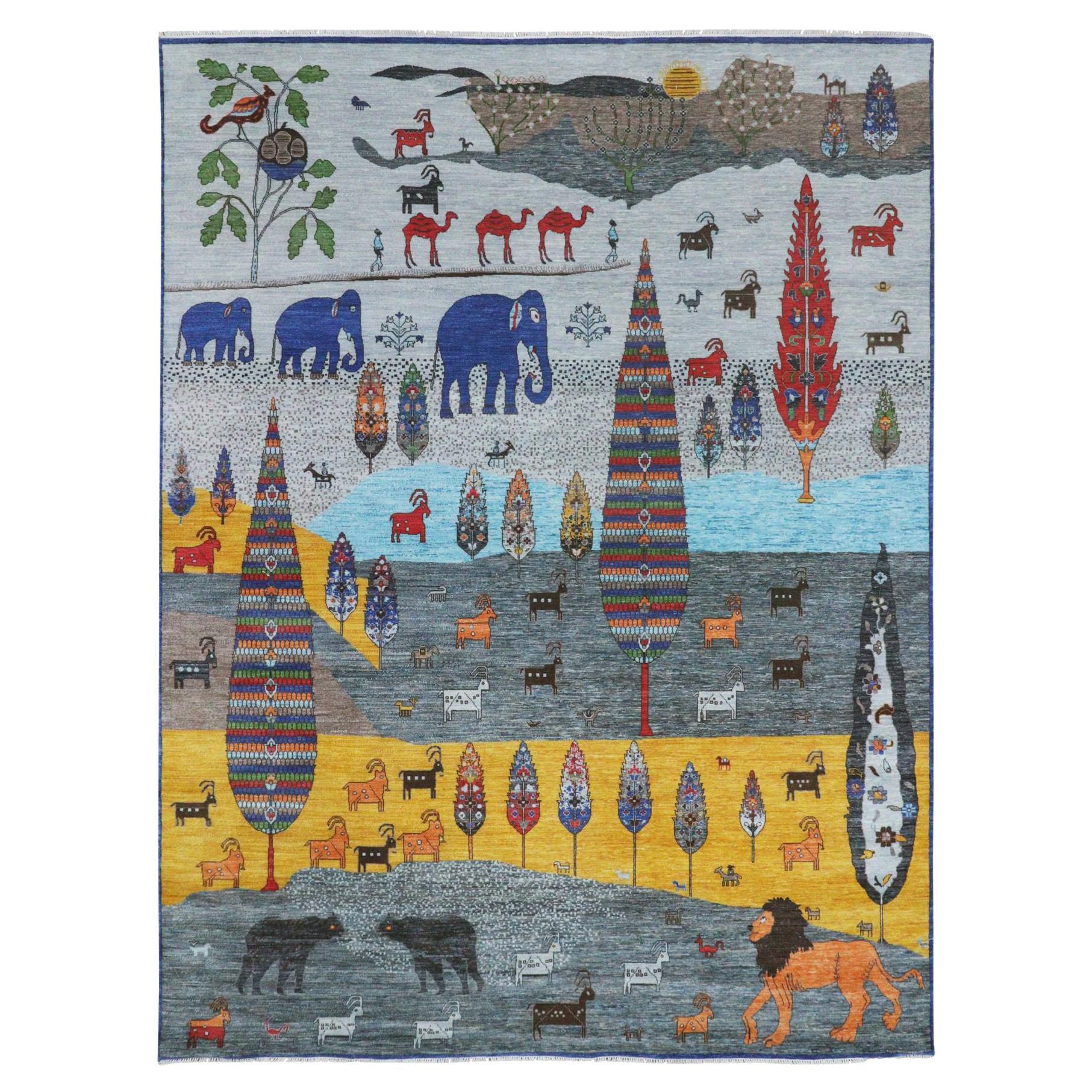 9'x12' Colorful Pictorial with Tree and Animals Design Hand Knotted Wool Rug