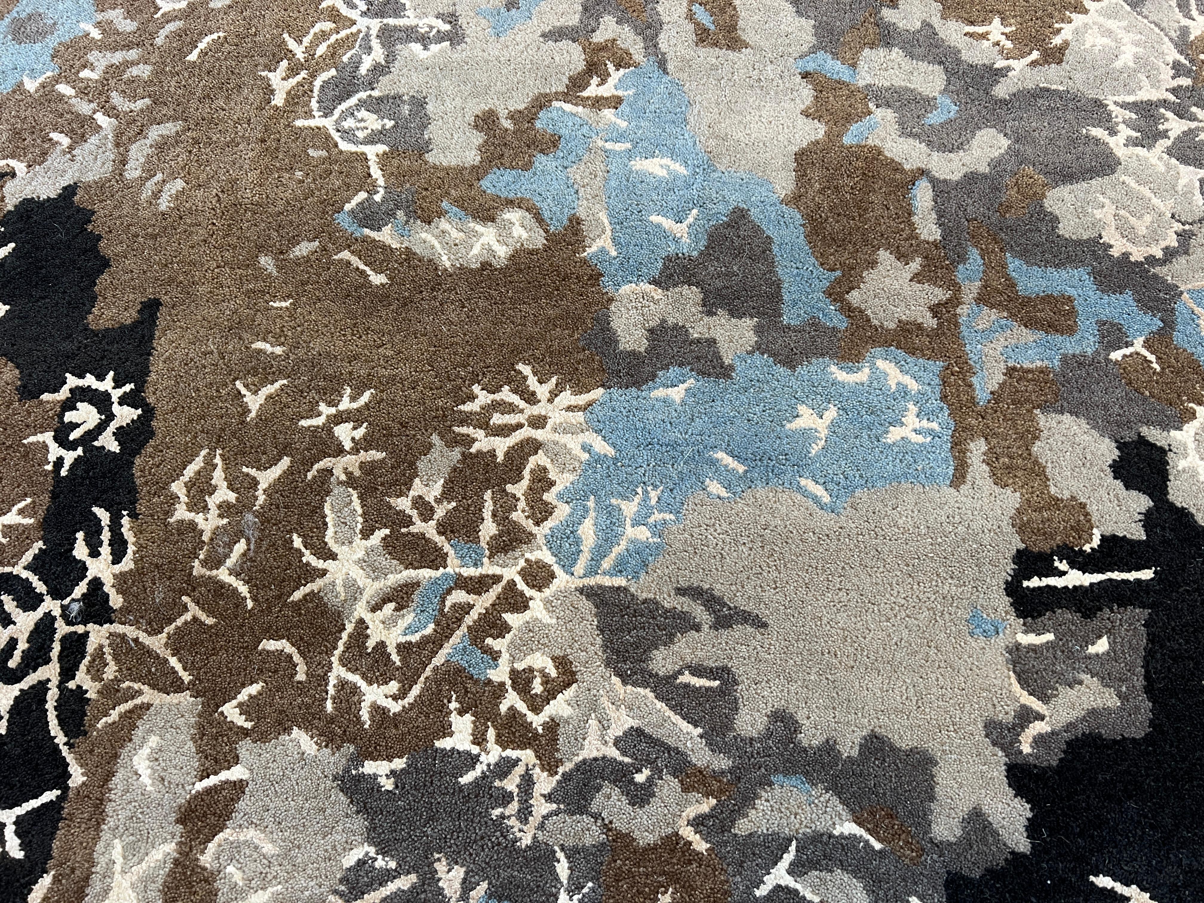 Indian 9'x12' Deconstructed Floral Design Rug in Browns and Blues For Sale