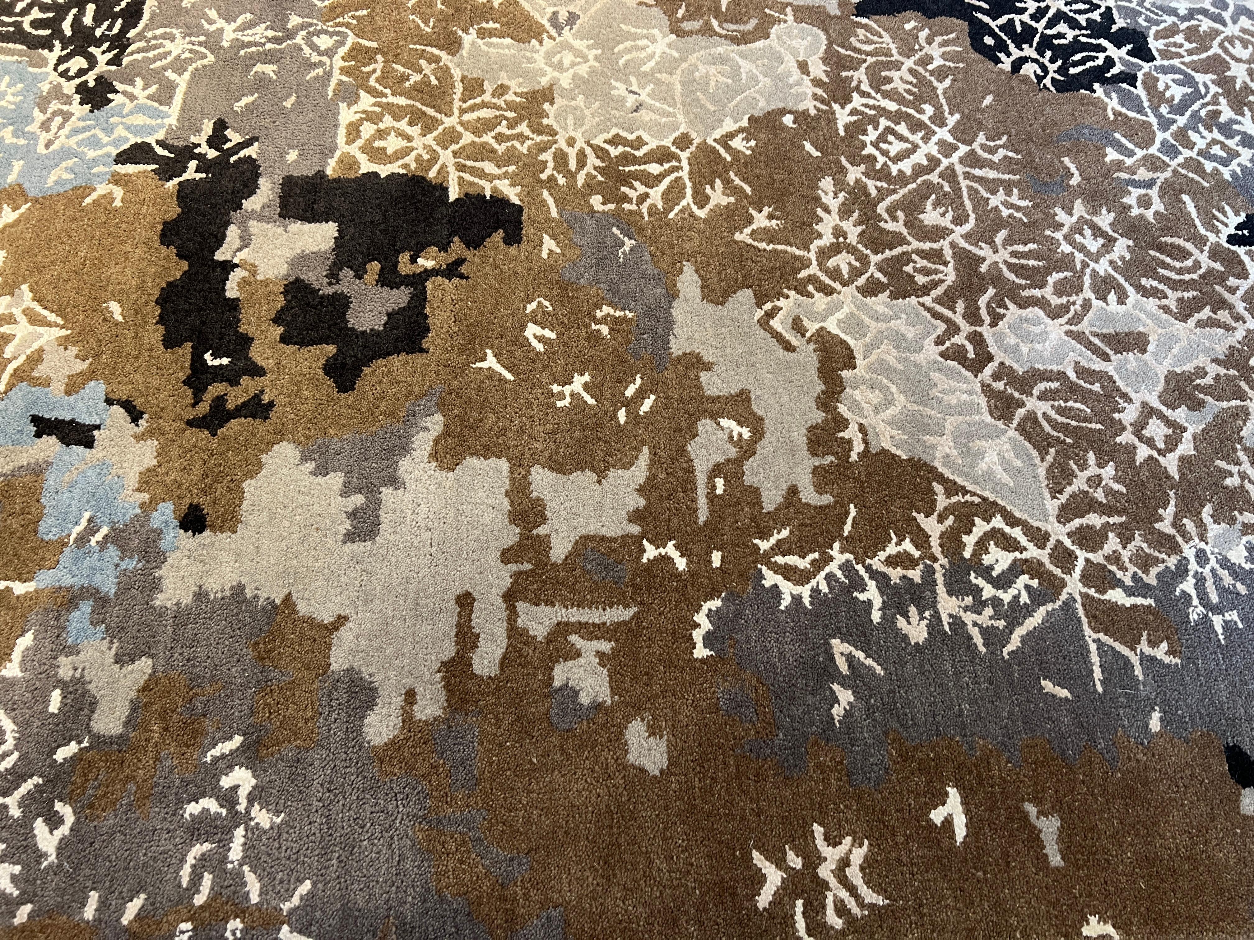 Wool 9'x12' Deconstructed Floral Design Rug in Browns and Blues For Sale