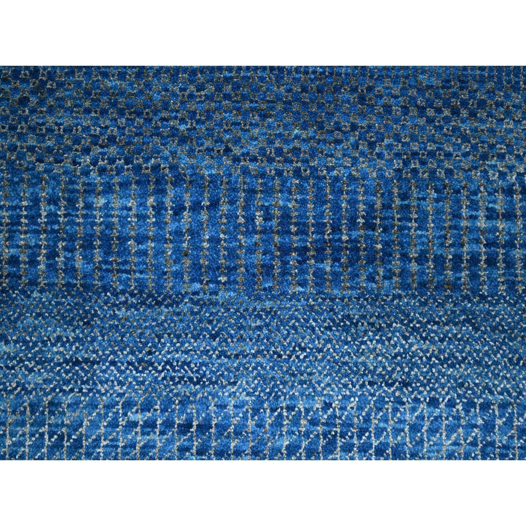 Laine Tapis d'Orient en laine et soie nouée à la main 9'x12' Bleu Denim Modern Grass Design en vente