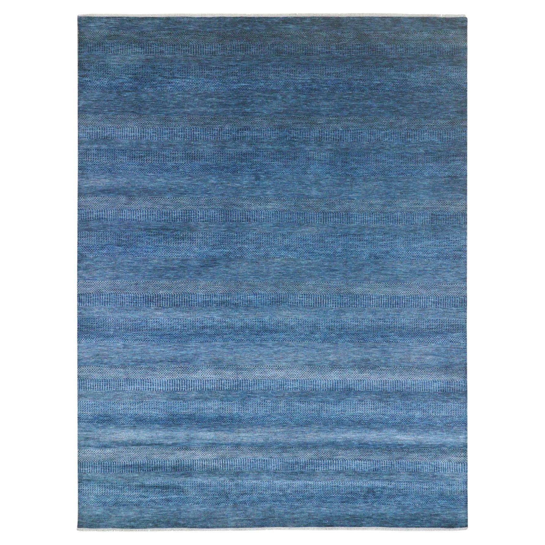 Tapis d'Orient en laine et soie nouée à la main 9'x12' Bleu Denim Modern Grass Design