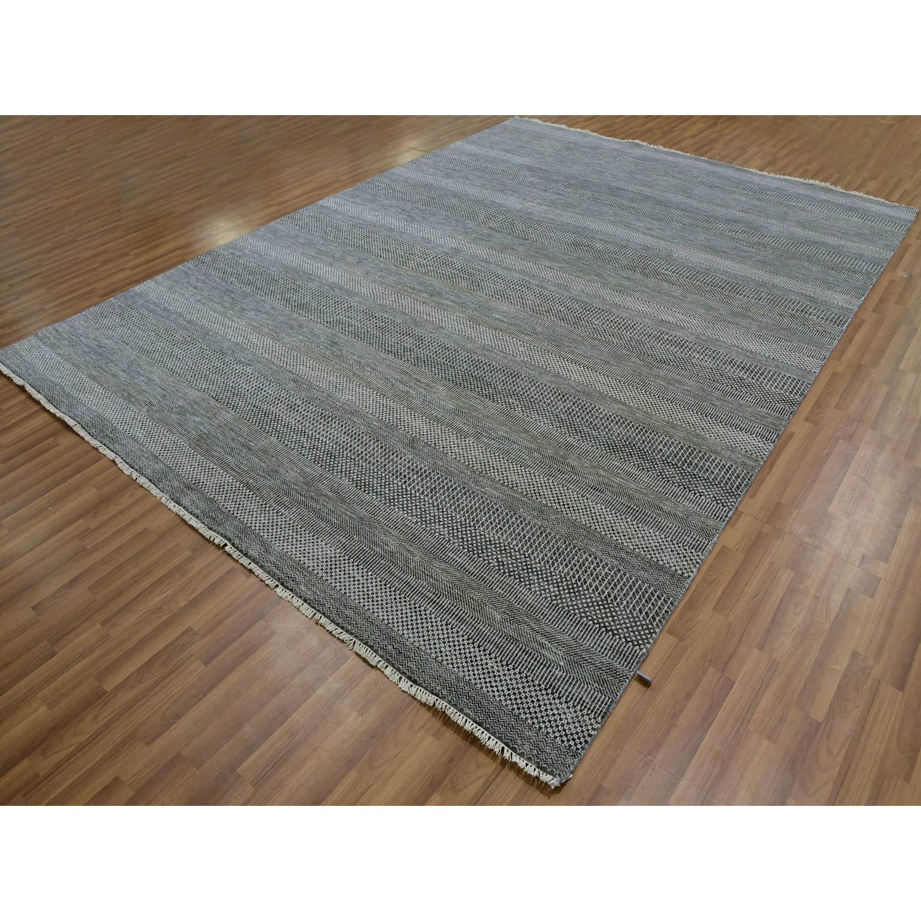 Indiano 9'x12' Dim Gray Tappeto orientale in lana non colorata annodato a mano con design moderno a erba in vendita