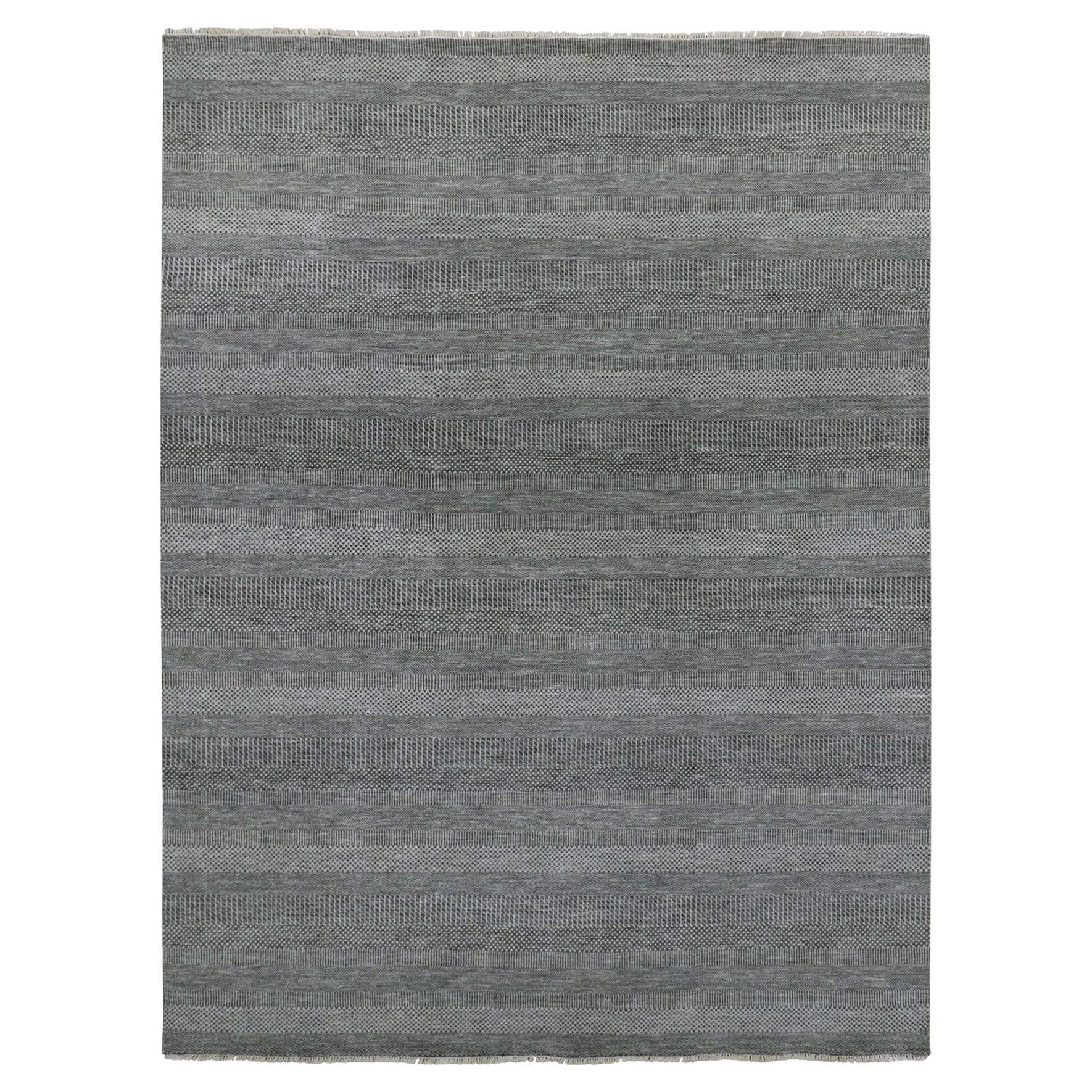 9'x12' Dim Gray Tappeto orientale in lana non colorata annodato a mano con design moderno a erba