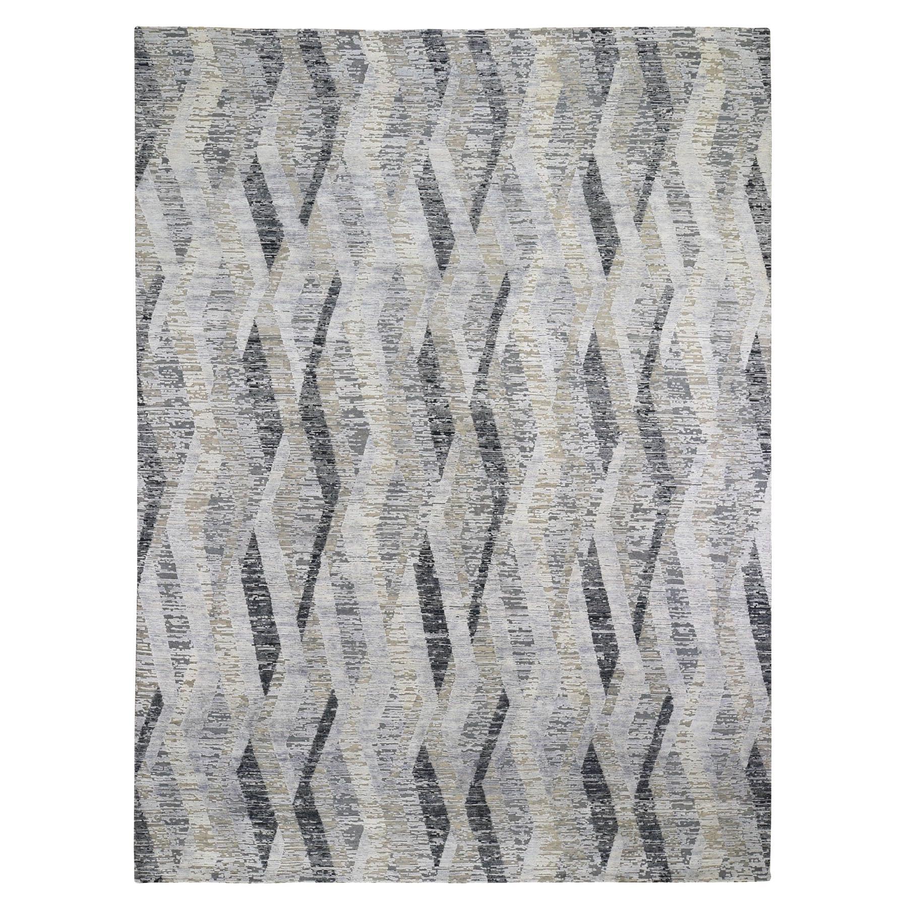 9'x12' DIMENSIONAL CURTAINS Gray Silk With Textured Wool Hand Knotted Rug