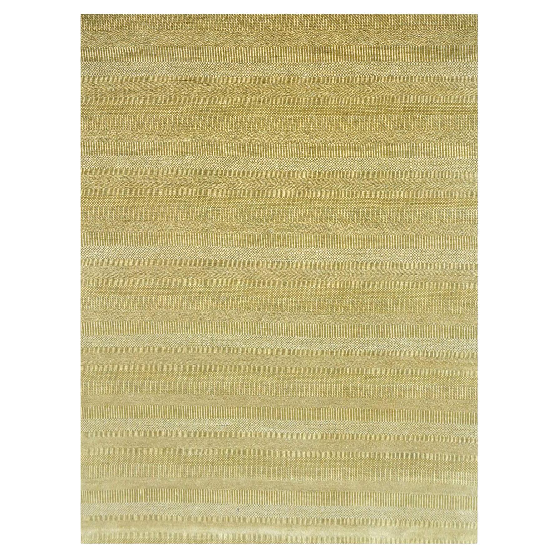 9'x12' Ecru Brown Modern Grass Design Borderless Hand Knotted Wool & Silk Rug