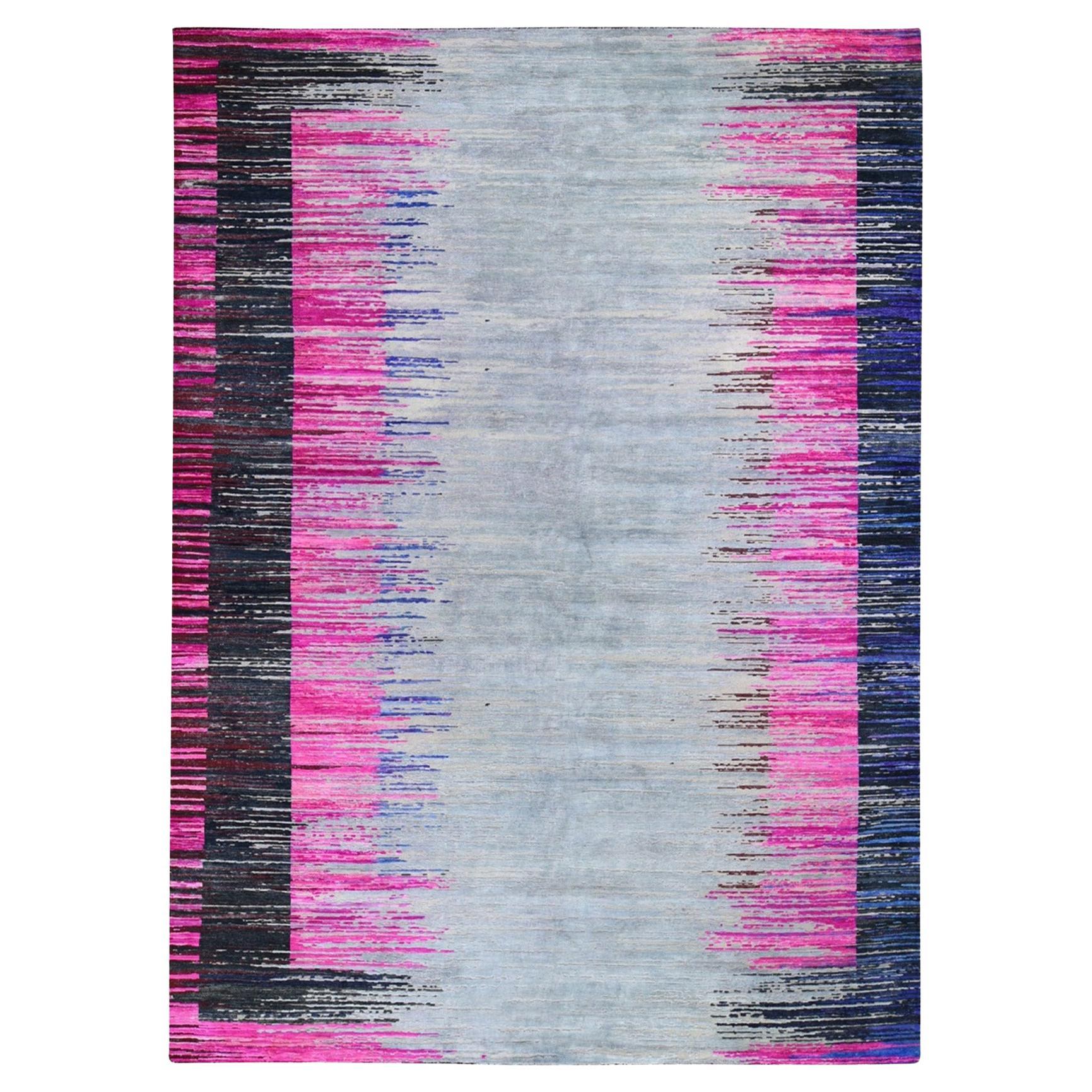 9'x12' Erased Horizontal Line Design Rosa Sari Seide mit strukturiertem Teppich