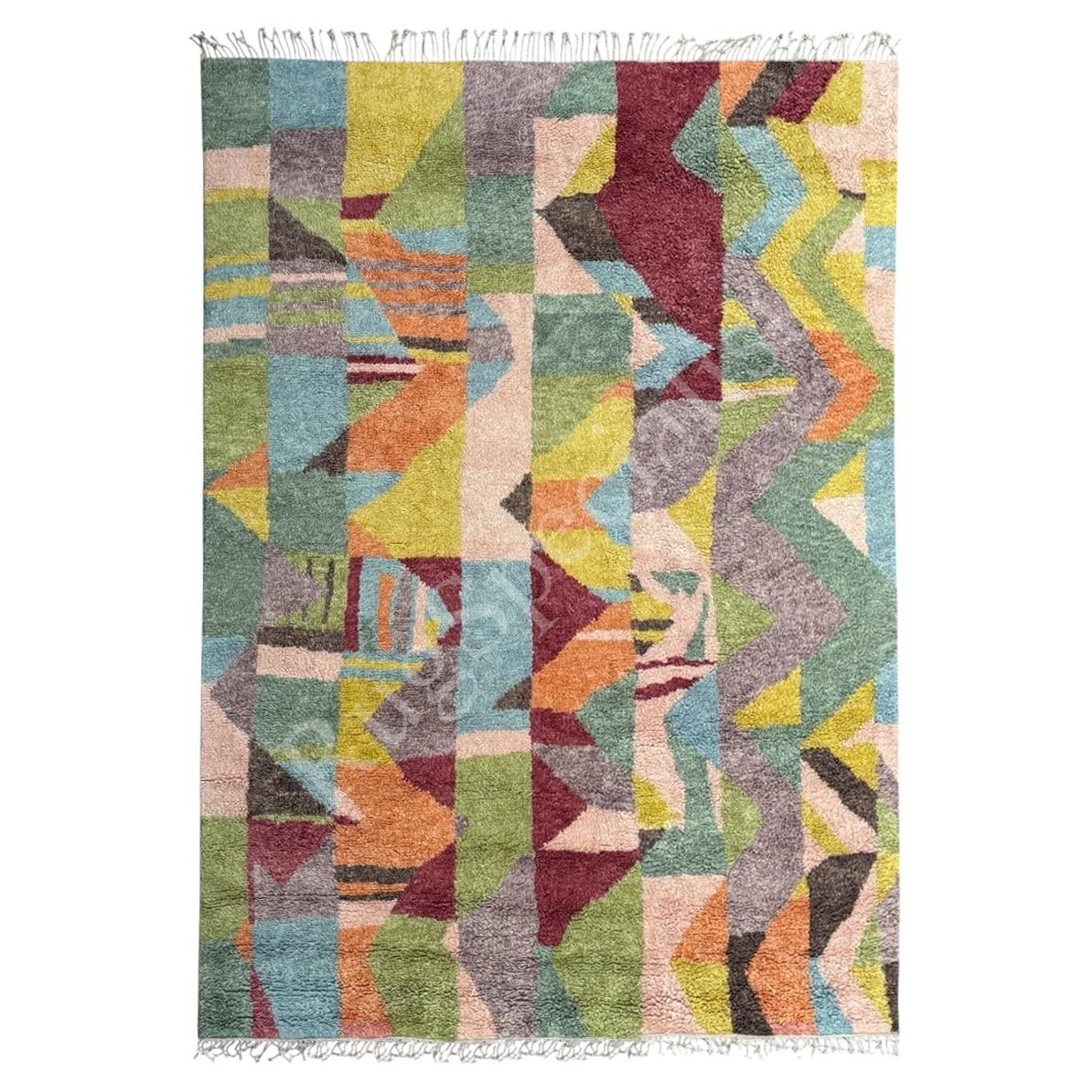 9x12 ft Abstract Hand-Knotted Wool Area Rug. Colorful Modern Living Room Carpet