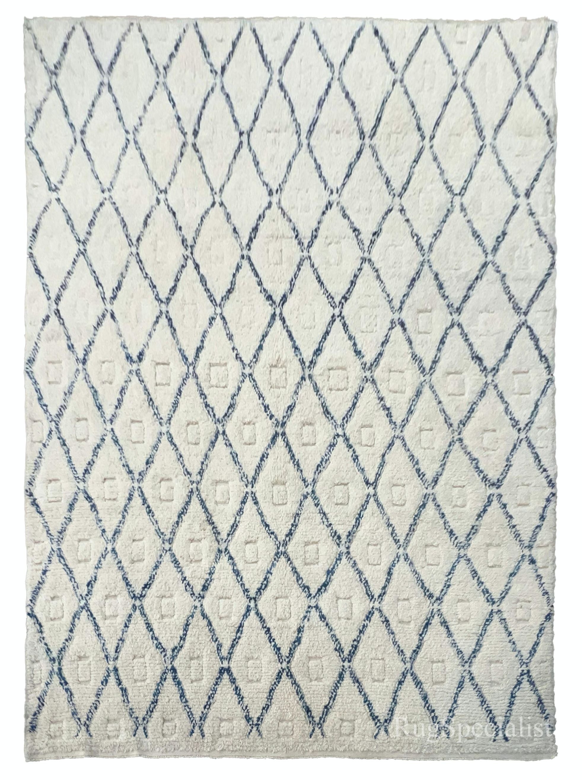 Marokkanischer 9x12 Ft Cremefarbener und blauer Flor- und Flachgewebe-Teppich. Kundenspezifische Optionen verfügbar im Angebot