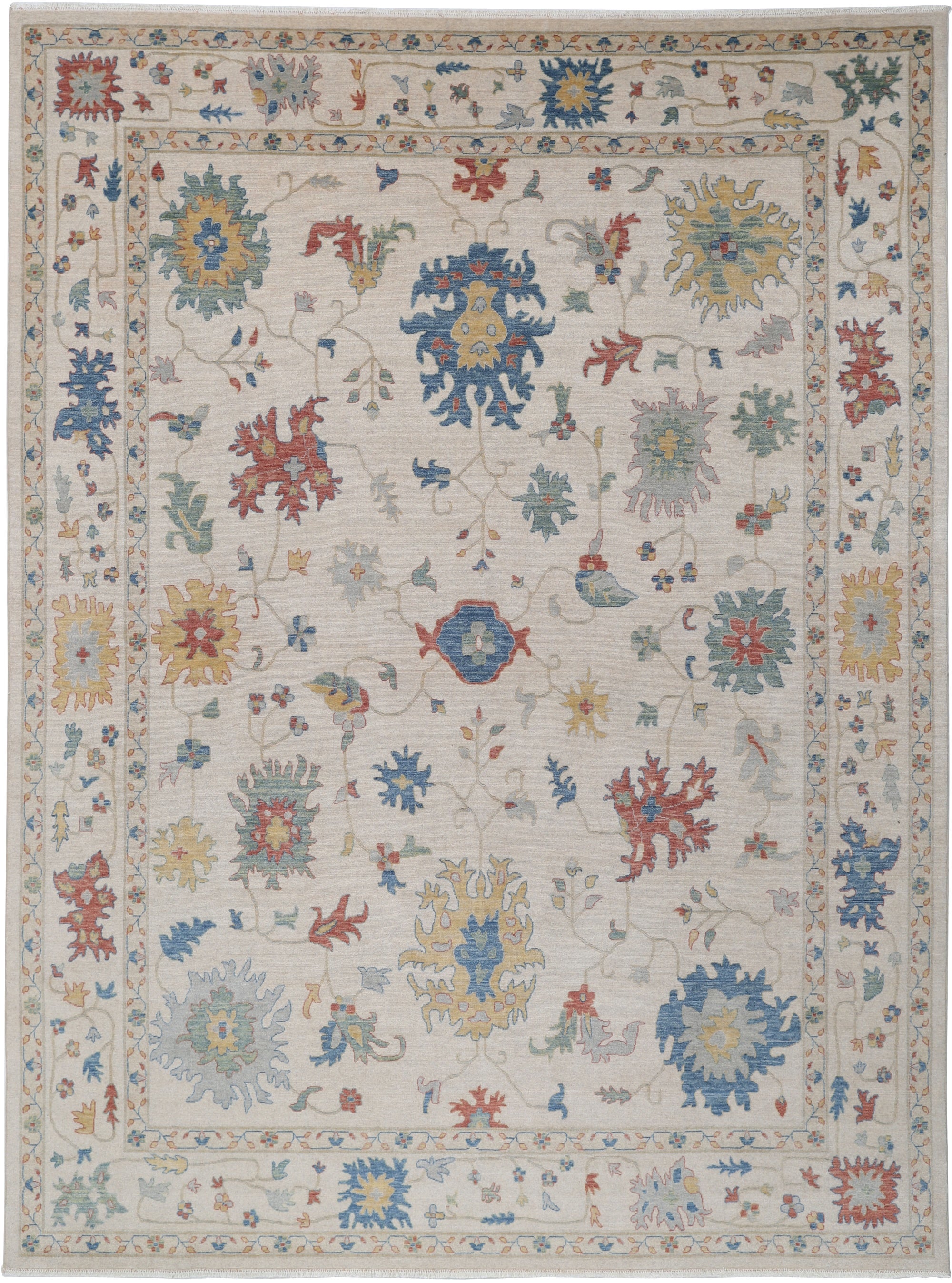 9x12 ft Decorative Oushak Rug, Modern Floral Design Wool Carpet for Living Room