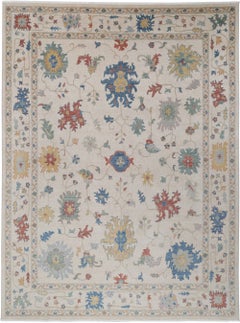 9x12 ft Decorative Oushak Rug, Modern Floral Design Wool Carpet for Living Room