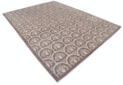 9x12 ft Hand Knotted Brown and Ivory Wool Rug. Botanical Repeating Design Carpet