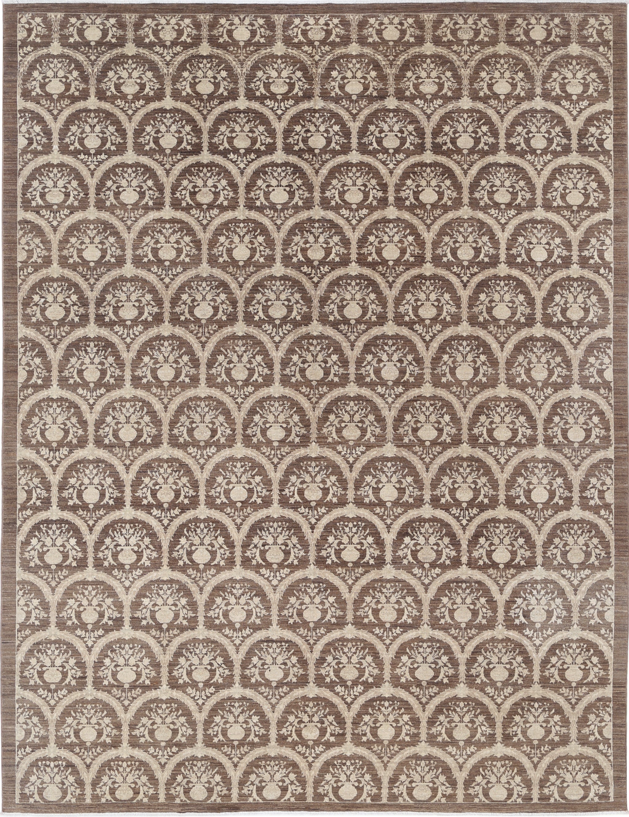 9x12 ft Hand Knotted Brown and Ivory Wool Rug. Botanical Repeating Design Carpet For Sale
