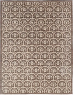 9x12 ft Hand Knotted Brown and Ivory Wool Rug. Botanical Repeating Design Carpet