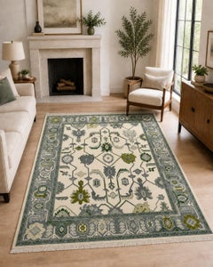 9x12 ft Hand-Knotted Large Area Rug,  Oushak Green Floral Design Wool Carpet