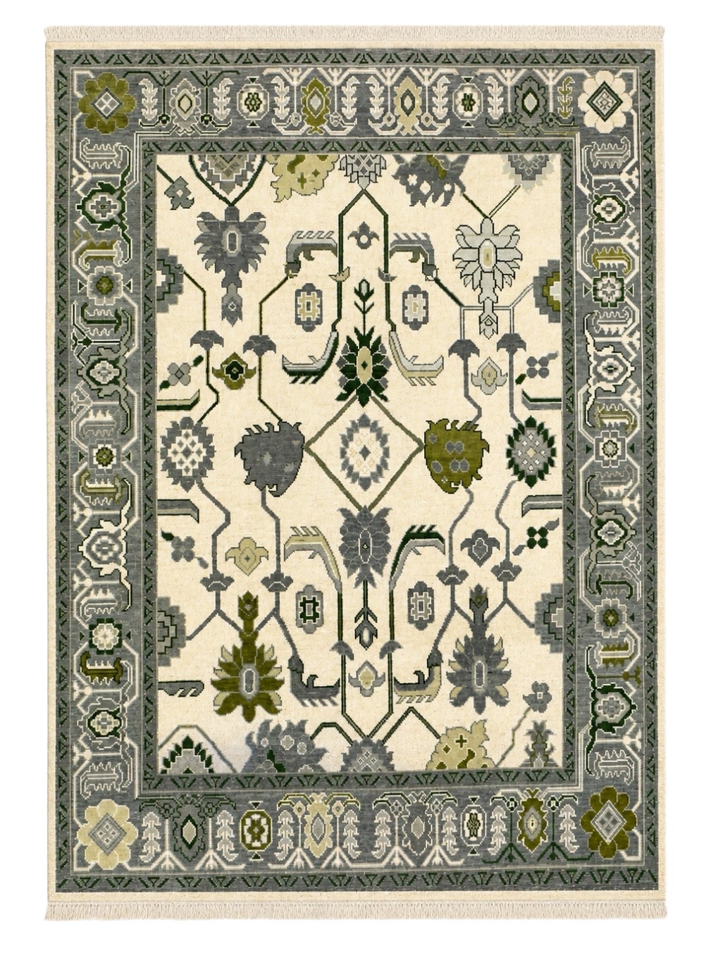 9x12 ft Hand-Knotted Large Area Rug,  Oushak Green Floral Design Wool Carpet