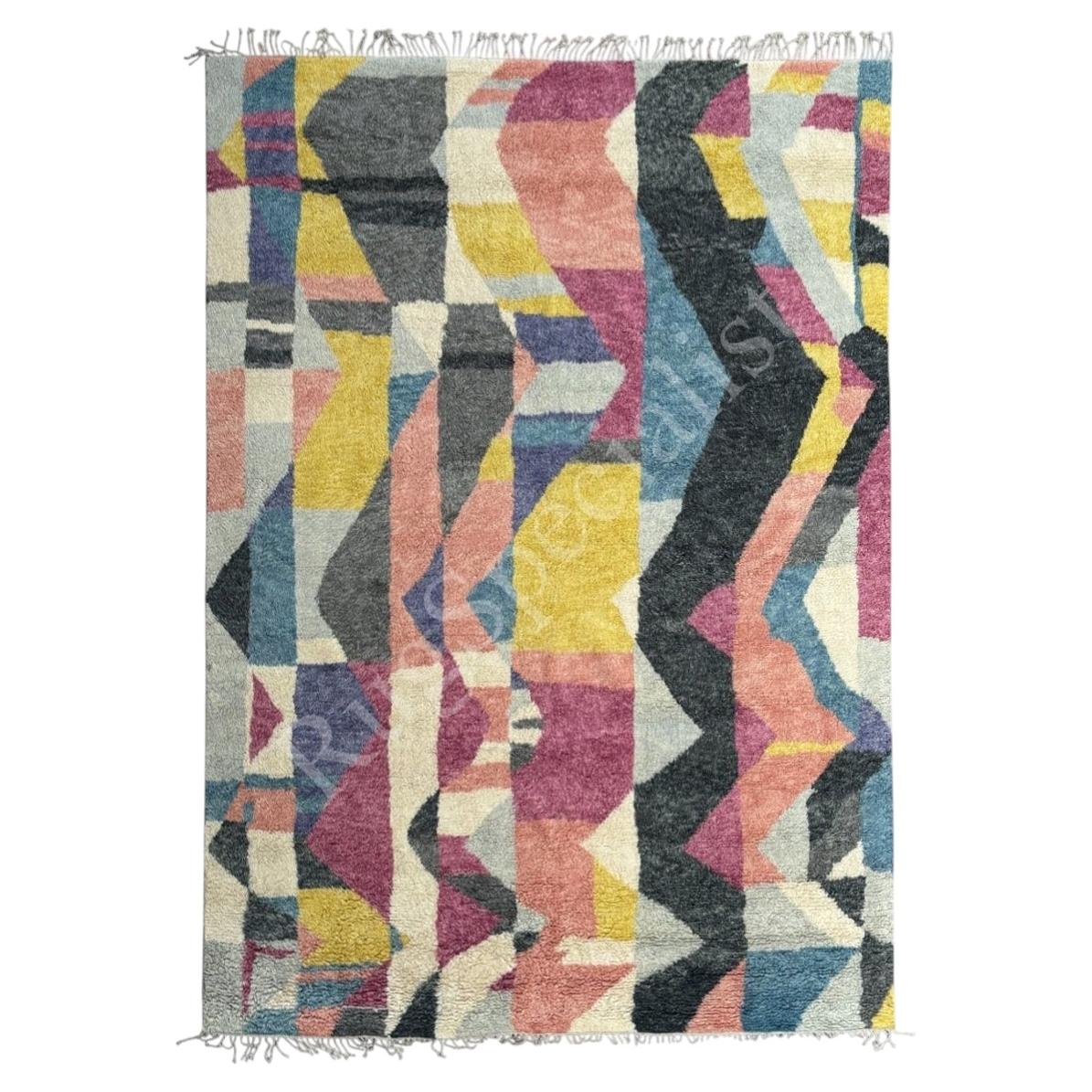 9x12 ft Hand-Knotted Wool Abstract Area Rug. Colorful Modern Living Room Carpet