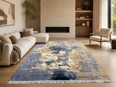 9x12 ft Tapis de laine noué à la main, abstrait bleu et beige Tapis moderne