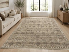 9x12 ft Hand-Knotted Wool Area Rug, Beige Floral Design Carpet for Living Room