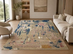 9x12 ft Hand-Knotted Wool Large Area Rug, Abstract Beige and Blue Modern Carpet