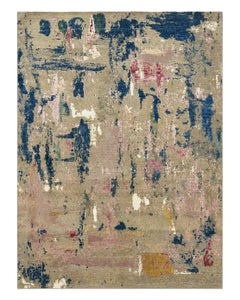 9x12 ft Hand-Knotted Wool Large Area Rug, Abstract Beige and Blue Modern Carpet