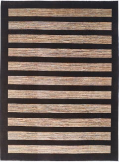 9x12 ft Handknotted Brown and Beige Wool Area Rug. Minimal Striped Design Carpet