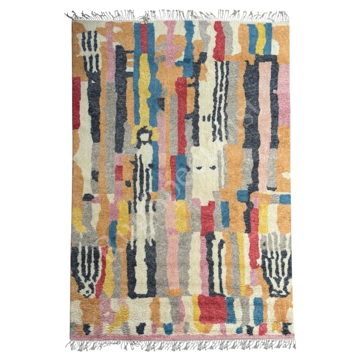 9 x 12 ft großer, handgeknüpfter, abstrakter Wollteppich. Mehrfarbiger, moderner Wohnzimmerteppich