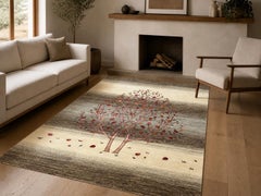 9x12 ft Handknotted Wool Rug for Living Room, Tree Design Beige and Brown Carpet