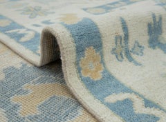 9x12 Ft Ivory Blue Gold Hand Knotted Oushak Wool Rug ( JC - 10701 )
