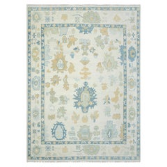 9x12 Ft Ivory Blue Gold Hand Knotted Oushak Wool Rug ( JC - 10701 )