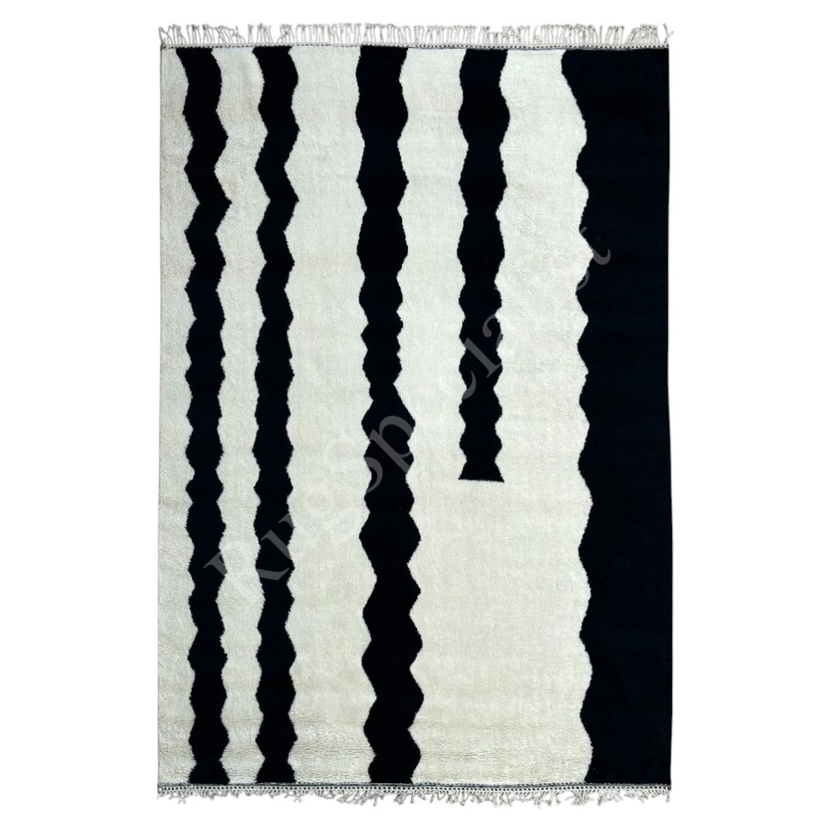 9x12 ft Modern Hand-Knotted 100% Wool Black & Ivory Striped Area Rug
