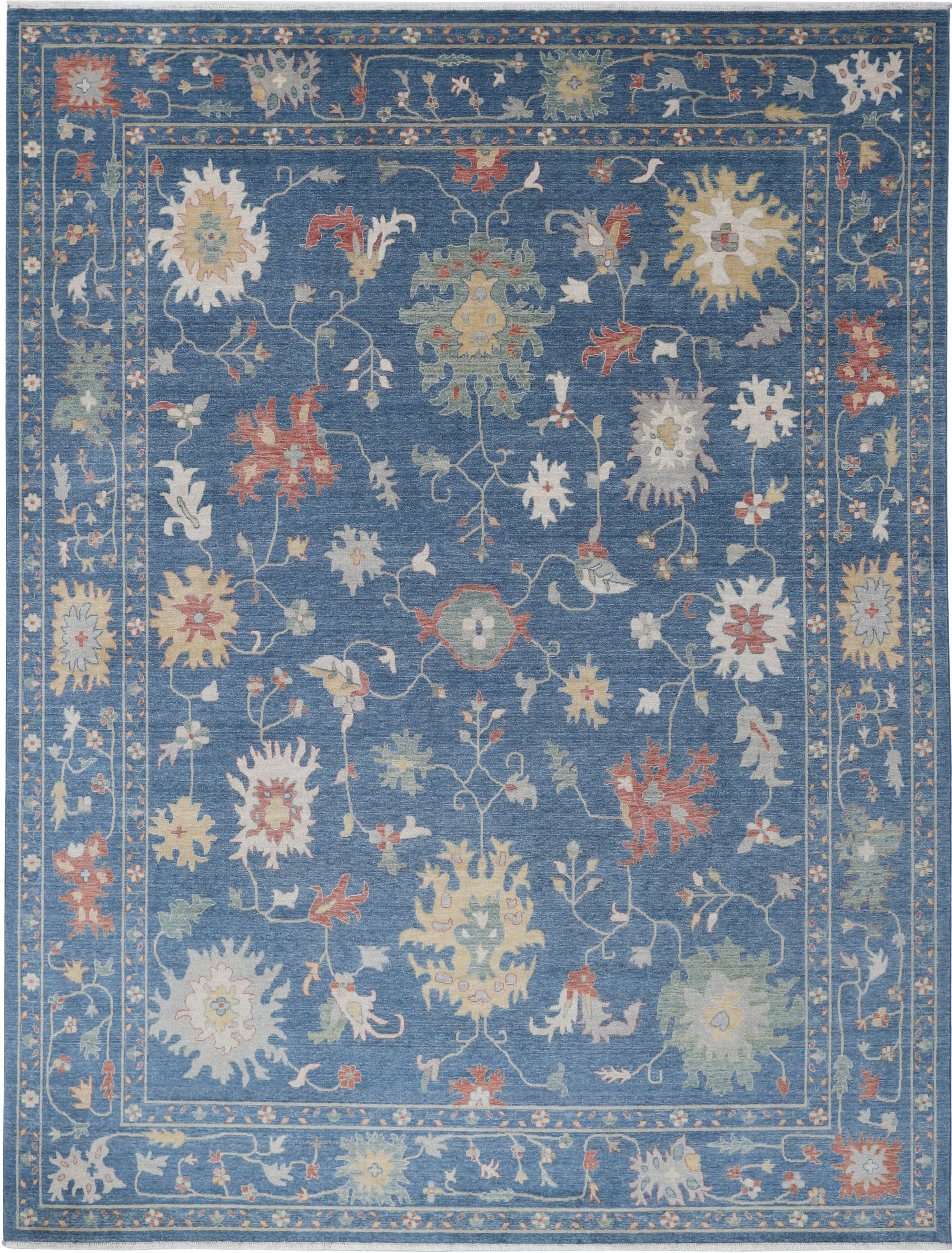 9x12 ft Modern Oushak Area Rug, Decorative Blue Carpet for Living Room, All Wool