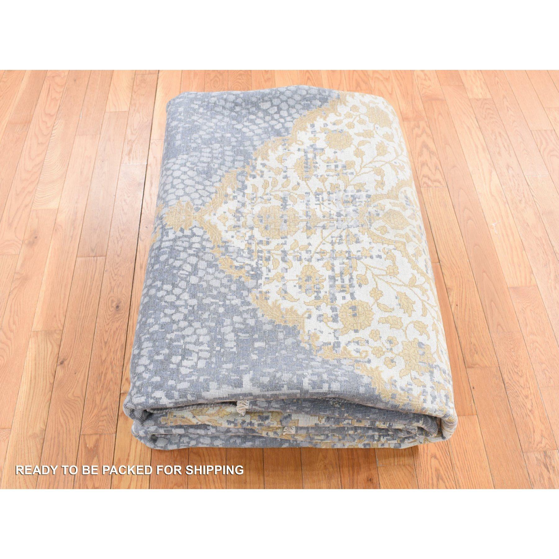 9'x12' Gris y Oro, Diseño Persa, Lana y Seda Pura Anudadas a Mano, Alfombra en venta 4