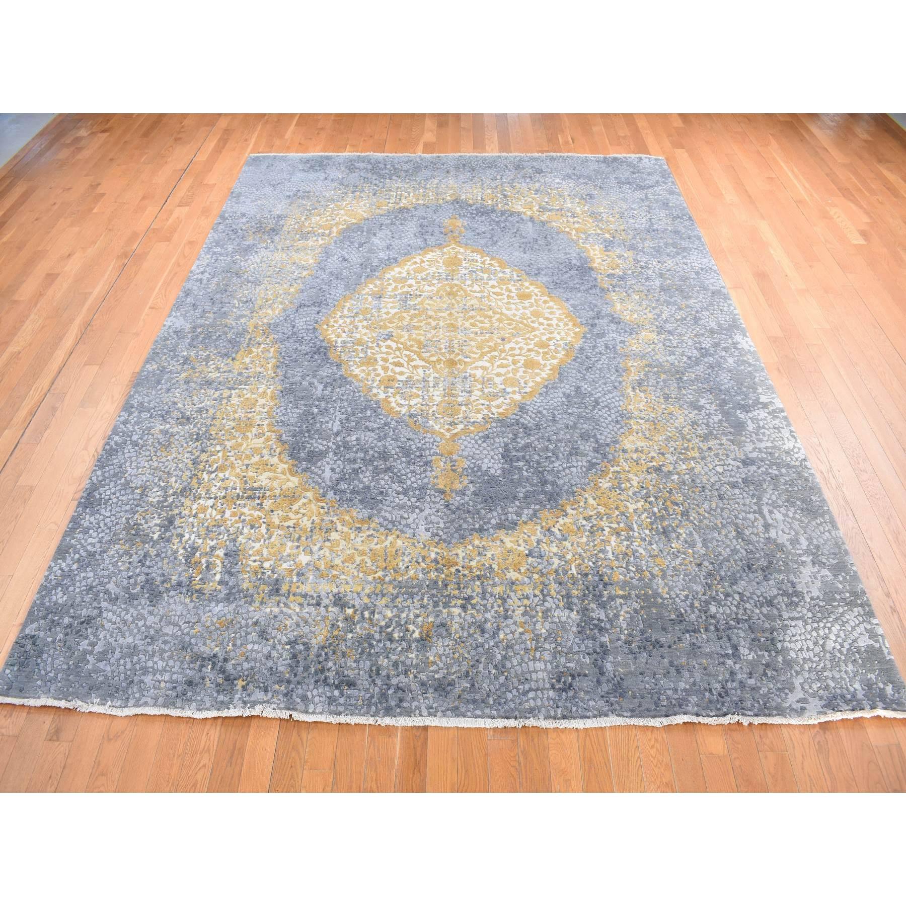9'x12' Gris y Oro, Diseño Persa, Lana y Seda Pura Anudadas a Mano, Alfombra Indio en venta