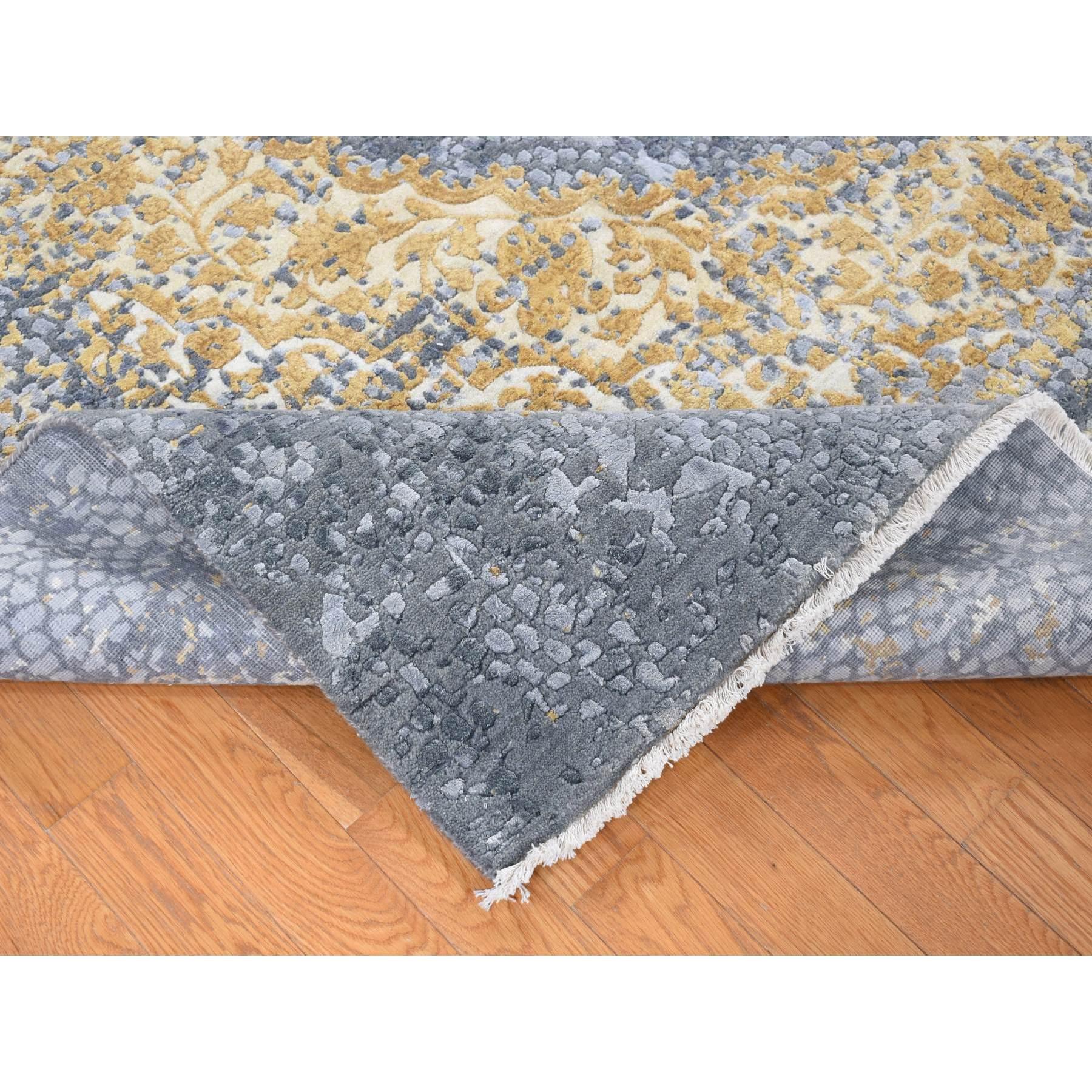 9'x12' Gris y Oro, Diseño Persa, Lana y Seda Pura Anudadas a Mano, Alfombra Siglo XXI y contemporáneo en venta