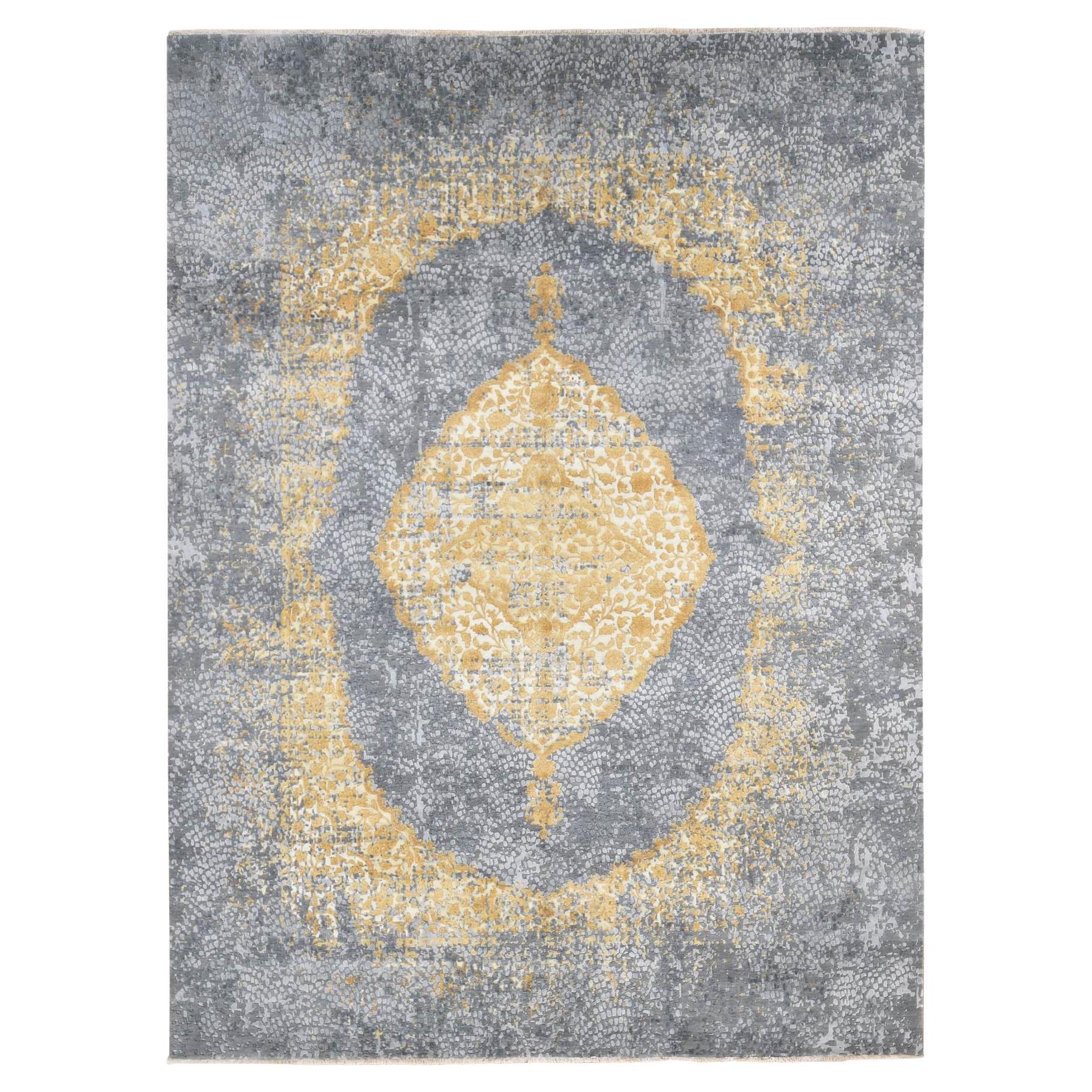 9'x12' Gris y Oro, Diseño Persa, Lana y Seda Pura Anudadas a Mano, Alfombra en venta