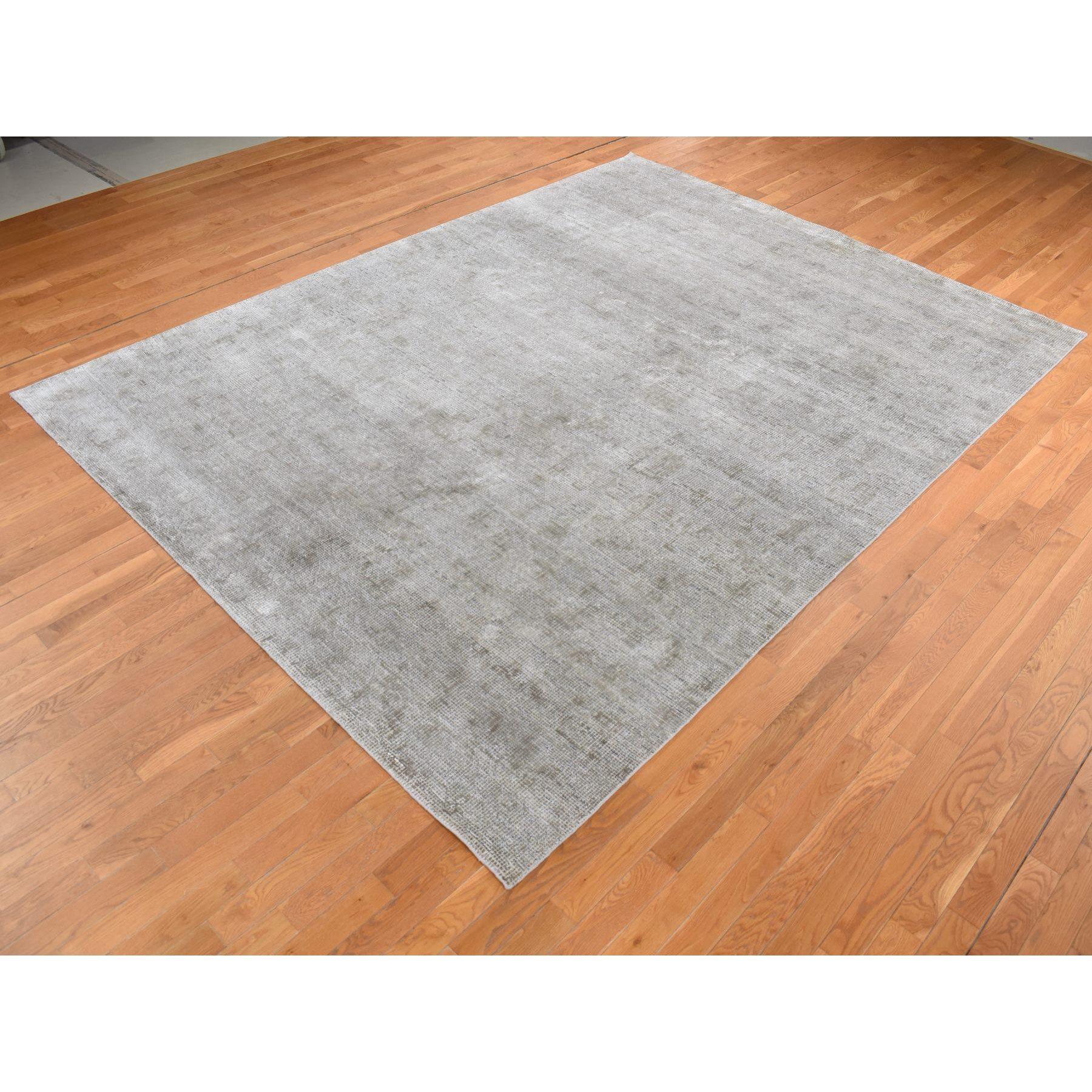 Modern 9'x12' Gray Hand Knotted Small Box Design Silk with Textured Wool Rug For Sale