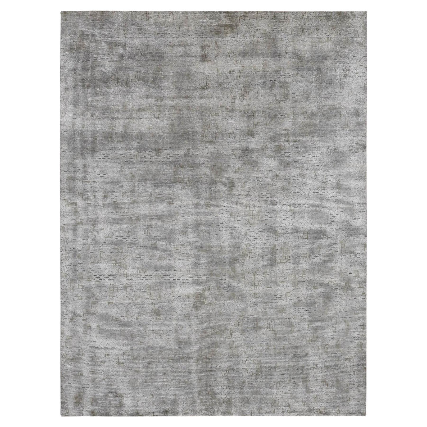 9'x12' Gray Hand Knotted Small Box Design Silk with Textured Wool Rug For Sale