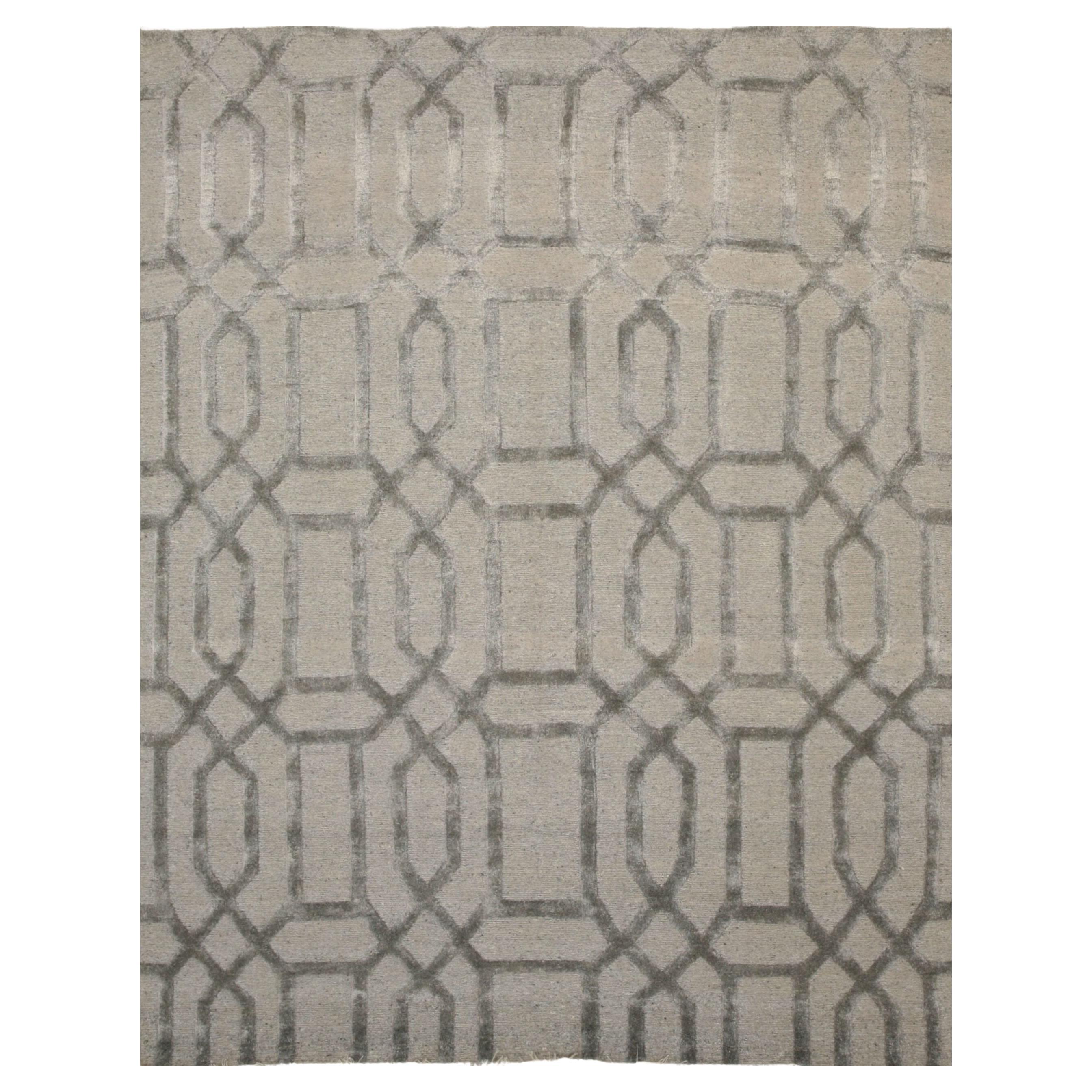9x12 Gray Hand-Knotted Wool Viscose Linked Lattice Geometric Modern Carpet Rug
